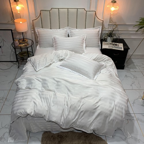 Factory direct Hospital bedsheets downed comforter sets luxury satin stripe bedding set 100% polyester fabric with good price