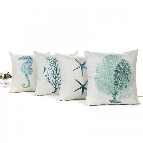 Blue Sea House Starfish Cotton Linen Cushion Cover Square Soft Decorative Pillow Case